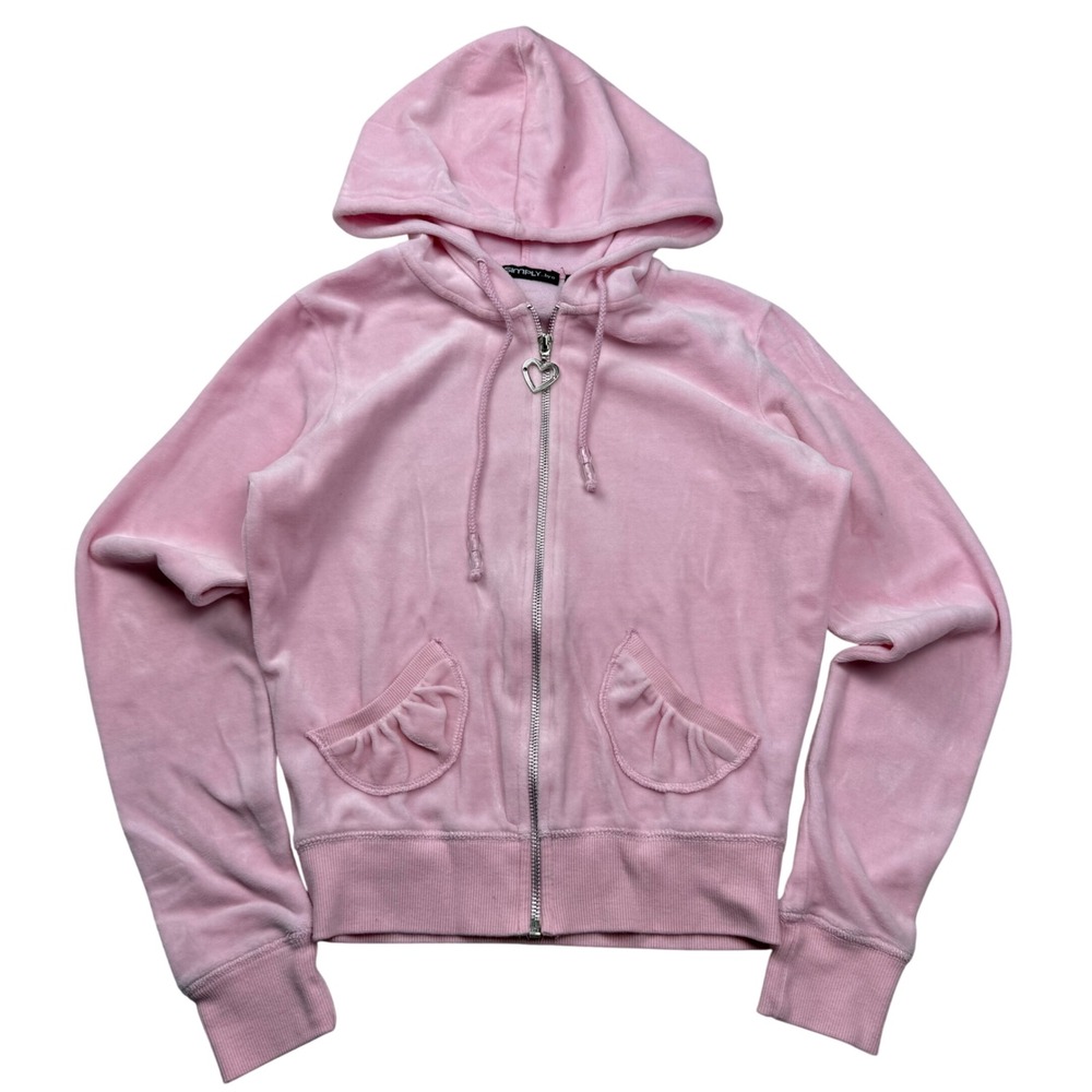 VTG Y2K Simply by E Pink Velour Zip Up Hoodie Heart Zipper Ruffle Pockets Small